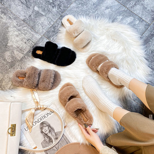 新款 外穿女春秋季 加绒厚底平底一字仙女毛毛拖鞋 葡萄妈同款