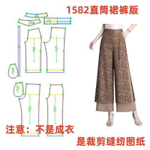 缝纫服装纸样1582款新中式宽松开叉九分阔腿裤diy裁剪图1:1设计