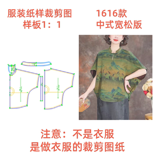 服装纸样裁剪图1616款春夏中式宽松香云纱上衣diy样板1:1设计制作
