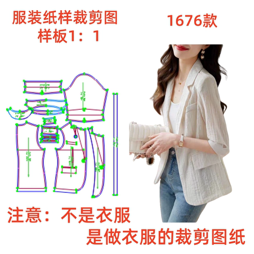 服装纸样裁剪图纸1676款春夏单层天丝棉麻西装外套样板diy1:1制作