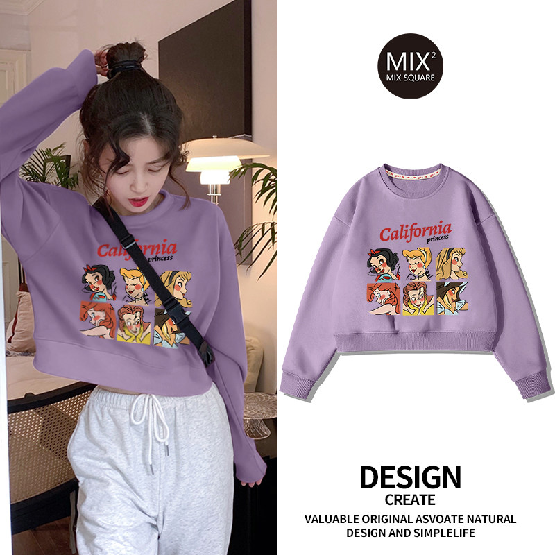 chic韩系紫色卡通小个子短款圆领长袖卫衣女2023新款秋季洋气上衣