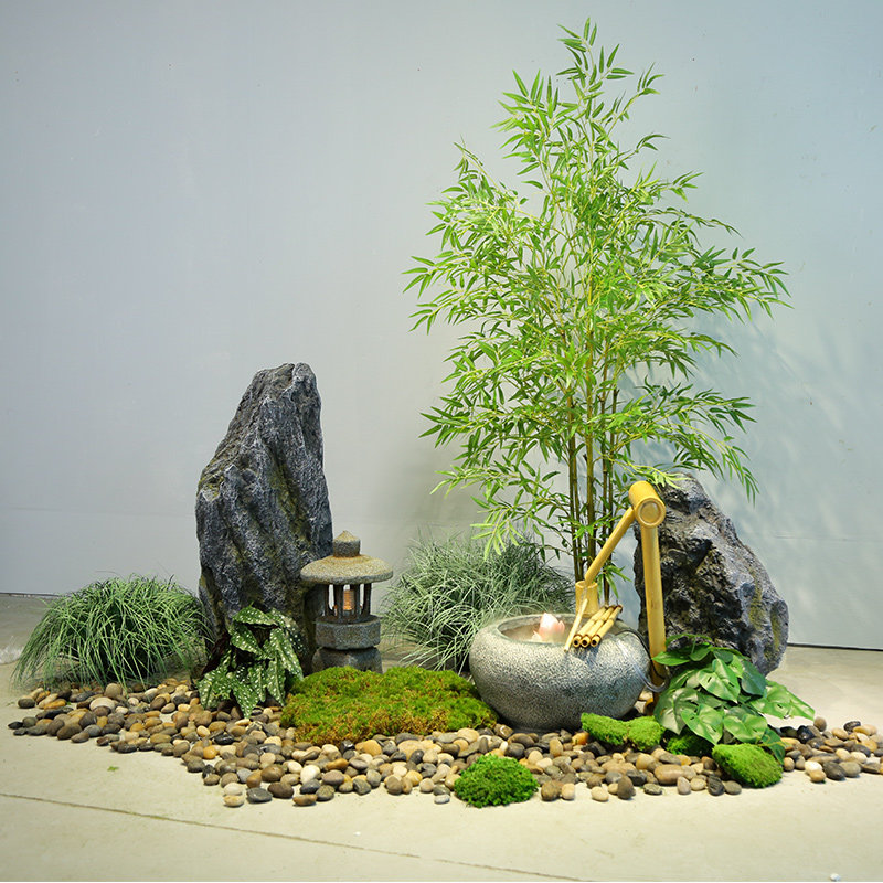 仿真假山造景庭院枯山水竹子石头室内楼梯下大厅商场假山造景
