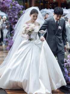 白 高级感可遮面款 头纱新娘主婚纱长款 大拖尾复古结婚当天婚礼仪式