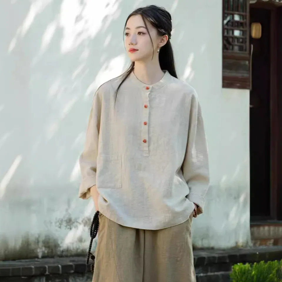 2025春夏棉麻女装新品亚麻立领拼色盘扣套头大码上衣女式棉麻衬衫