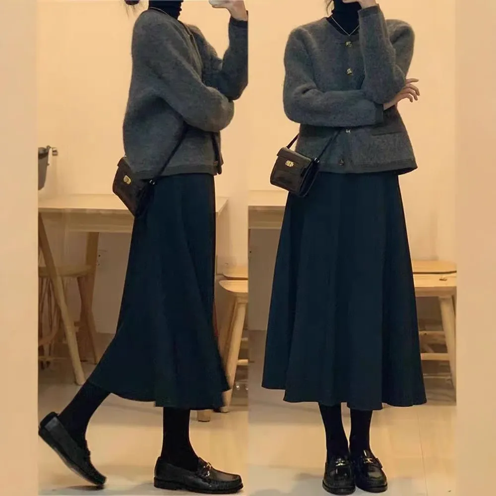 2025年高腰毛呢半身裙女秋冬百搭显瘦大摆伞裙中长款a字女裙子