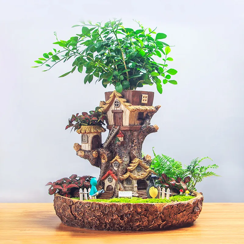 原创景观设计田园微景观树脂树屋多肉花盆办公室桌面家居饰品摆件