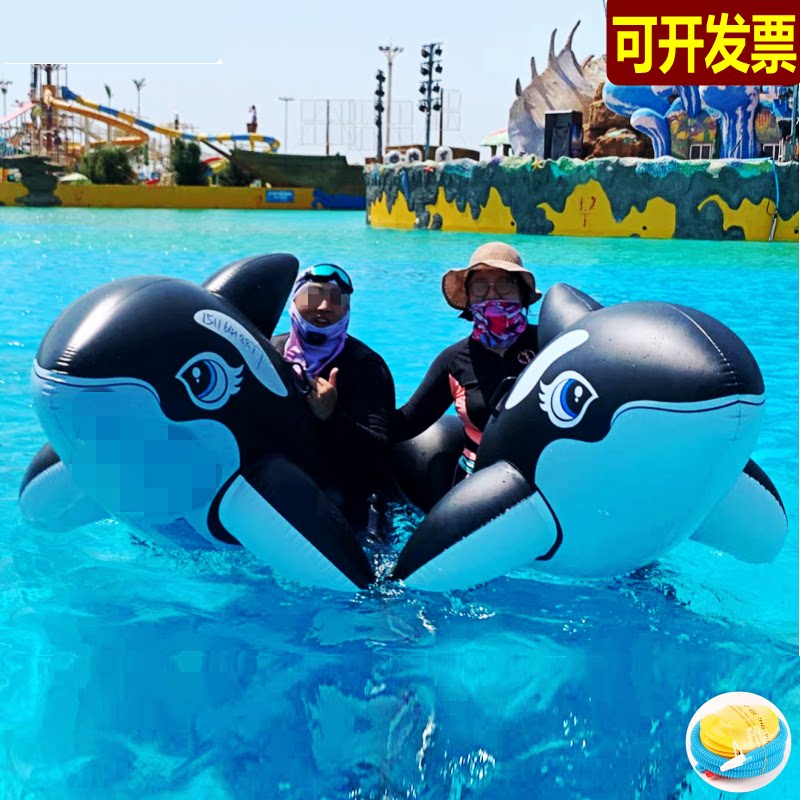 正品大号胖子充气水上冲浪黑鲸坐骑情侣游泳道具儿童双人鲨鱼浮排