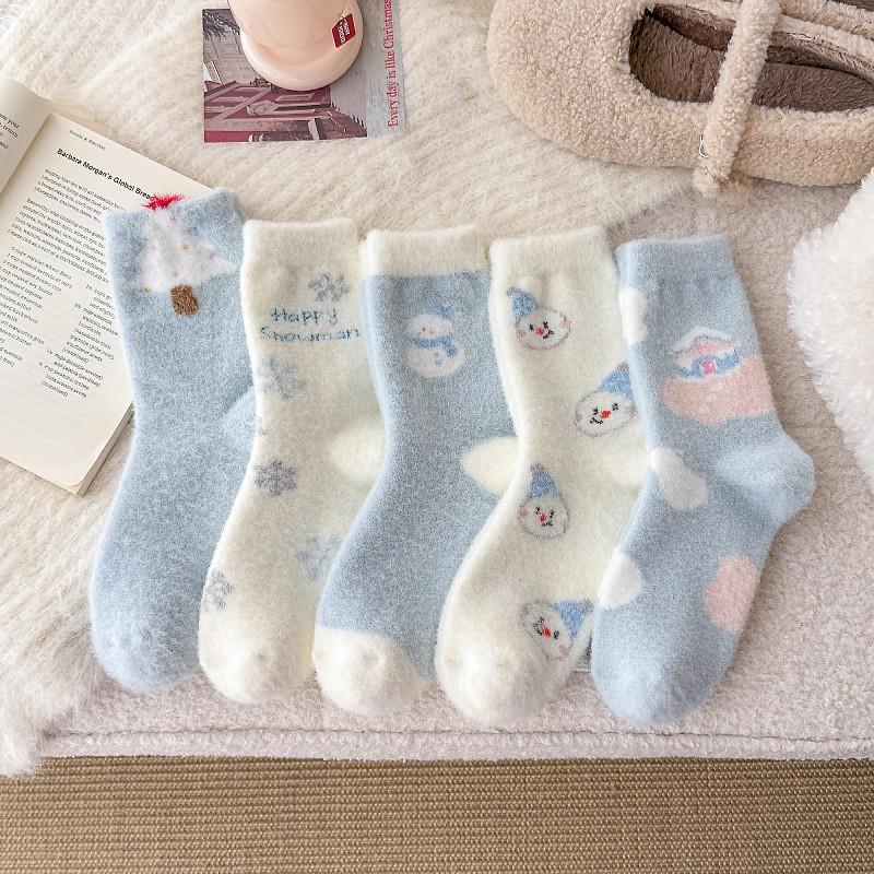 澳绒加绒加厚袜子女中筒秋冬季保暖小雪人蓝白系圣诞树韩系堆堆袜