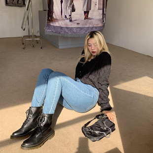 提臀显瘦小脚裤 胖mm春秋季 子 女大码 向大花微胖弹力紧身高腰牛仔裤