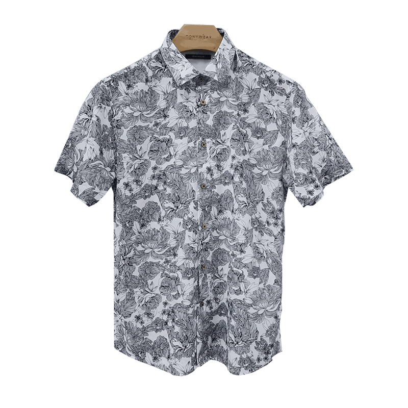 TONY WEAR/汤尼威尔男士新夏款棉麻国风印花复古木扣短袖衬衫衬衣