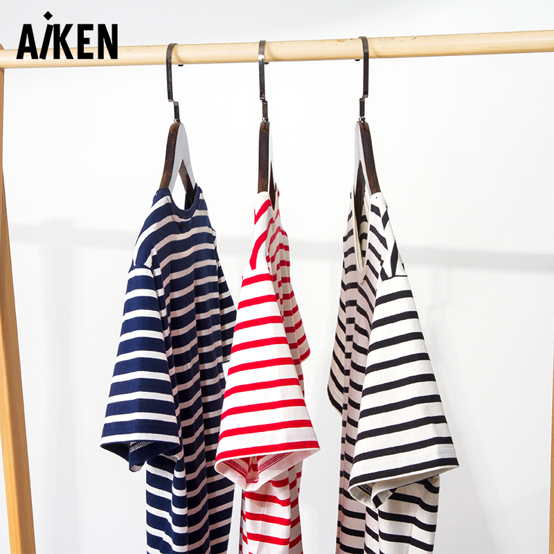 Aiken爱肯短袖男T恤条纹黑白圆领海魂衫2018夏半袖boy短袖衣服男