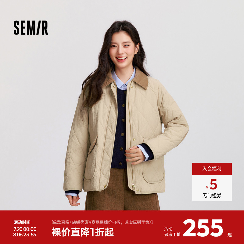 森马翻领菱格轻薄中长款棉服女