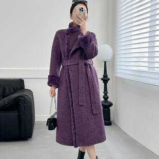 气质紫色双面羊毛大衣女长款2025新款羊羔毛系带毛呢外套温柔风