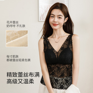 固定乳胶杯美背透气女内衣 性感深V花卉蕾丝宽肩背心薄款 新款 夏季