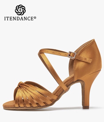 ITENDANCE拉丁舞鞋 七带一结款古铜色成人女中高跟软底国标正品