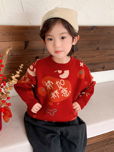 儿童唐装红色毛衣冬季拜年服男童新年服女童过年衣服宝宝国风毛衣