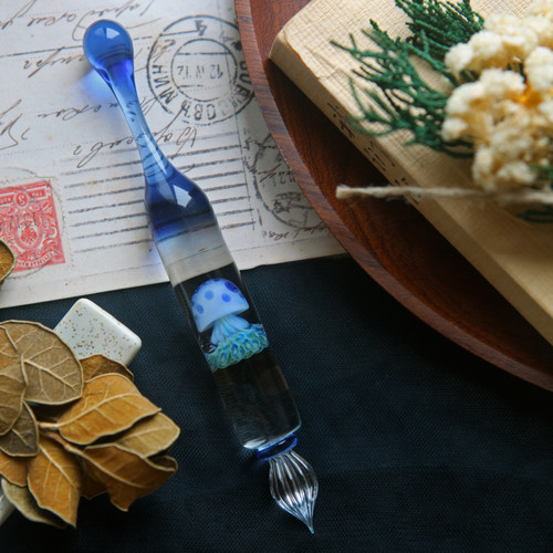 【七十二号笔家】试色蘸水笔蓝色半透明玻璃水母玻璃笔 glass pen