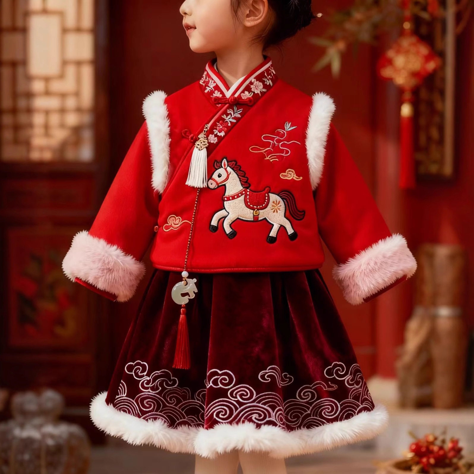 2026AI图女童拜年服套装2025新款儿童中国风唐装宝宝礼服新年装演