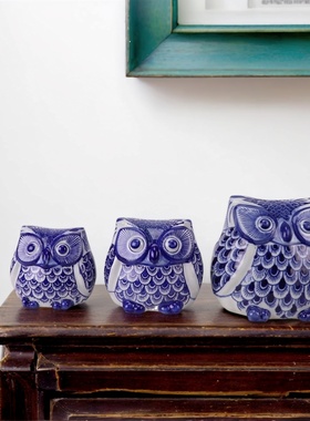 景德镇青花瓷新中式工艺家居摆设雕塑猫头鹰三件套陶瓷烛台摆件