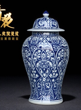 景德镇青花手绘陶瓷罐花叶纹