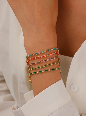 文艺新中式清新时尚精致彩色方形微镶锆石女士手链轻奢小众手链