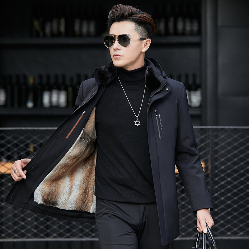 春季男士短款整貂皮内胆派克服外套海宁皮毛一体皮草大衣貂毛风衣
