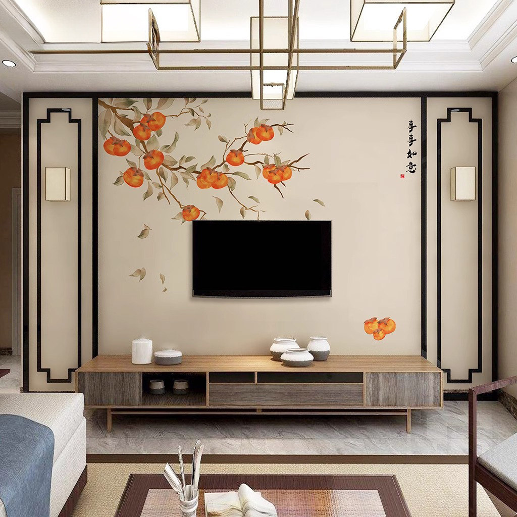 新中式电视床头背景墙壁纸事事如意柿子墙布客厅沙发大型定制壁画