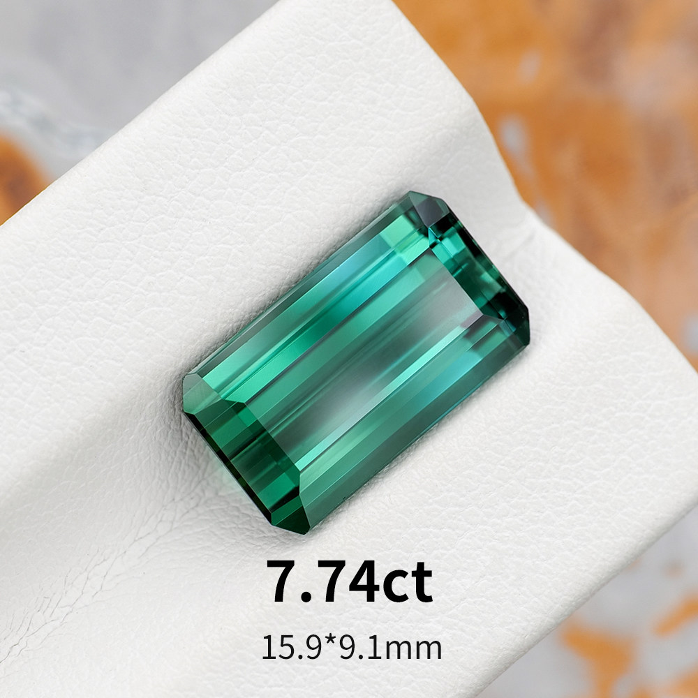 7.74ct天然绿碧玺裸石蓝绿全净戒面长方形小八角宝石定制戒指吊坠