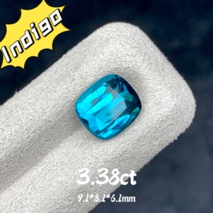 3.38ct天然Indigo碧玺裸石阿富汗靛蓝碧玺枕形戒面肉眼全净全反火