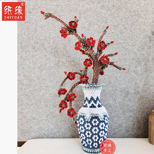 三角插折纸青花花瓶手工创意材料包梅花青瓷瓶制作材料包装饰摆件
