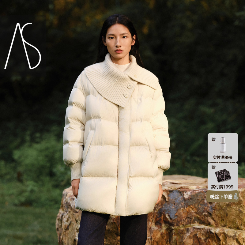 AS羽绒服女25冬季新款中长款罗口针织大翻领宽松A字版型保暖外套