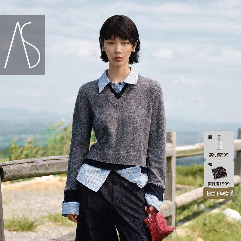 AS毛衣女25冬季新款假两件百搭