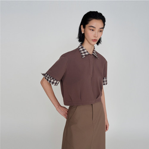 AS美式工装棕色格纹领Polo衫女26秋季新款假两件宽松显瘦长袖T恤