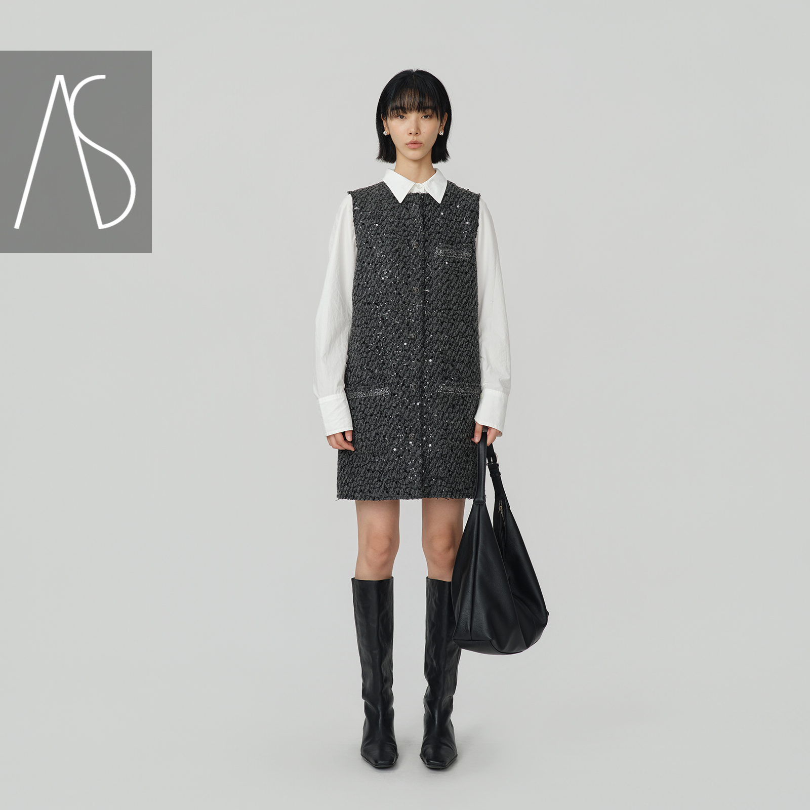 AS复古无袖小香风毛边珠片连衣裙