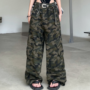 ZHL STUDIO国潮美式复古迷彩工装裤女街舞高腰宽松直筒阔腿休闲裤