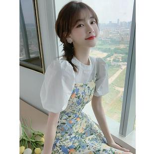 女夏法式 炸街減齡顯瘦套裝 碎花洋氣小個子搭配顯高吊帶兩件套裙子