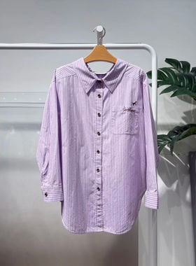 商场同款麦家春季新款宽松百搭条纹纯棉长袖衬衫女上衣4H2220271