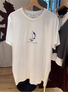 Bandy baby 帆船印花宽松舒适大版短袖T恤女新款白色简约显瘦上衣