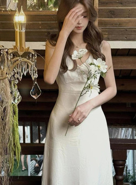 brandy baby茶歇法式白色无袖连衣裙女蕾丝花边收腰显瘦长裙子