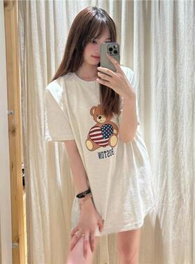 brandy baby新款宽松长款小熊印花浅灰色大版短袖T恤女夏季bm上衣