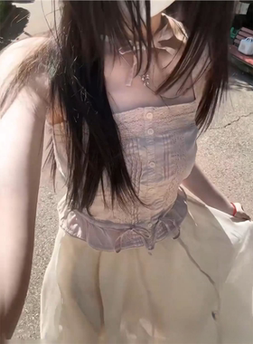 Brandy baby女新美式粉色蕾丝边系带吊带背心女纯棉外穿短款上衣