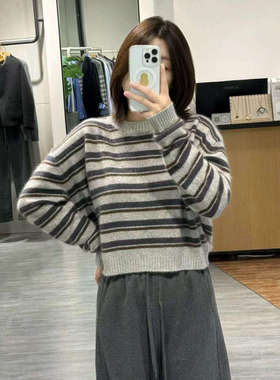 MM麦家2025秋冬新款休闲百搭圆领条纹针织衫套头毛衣5GA335141X