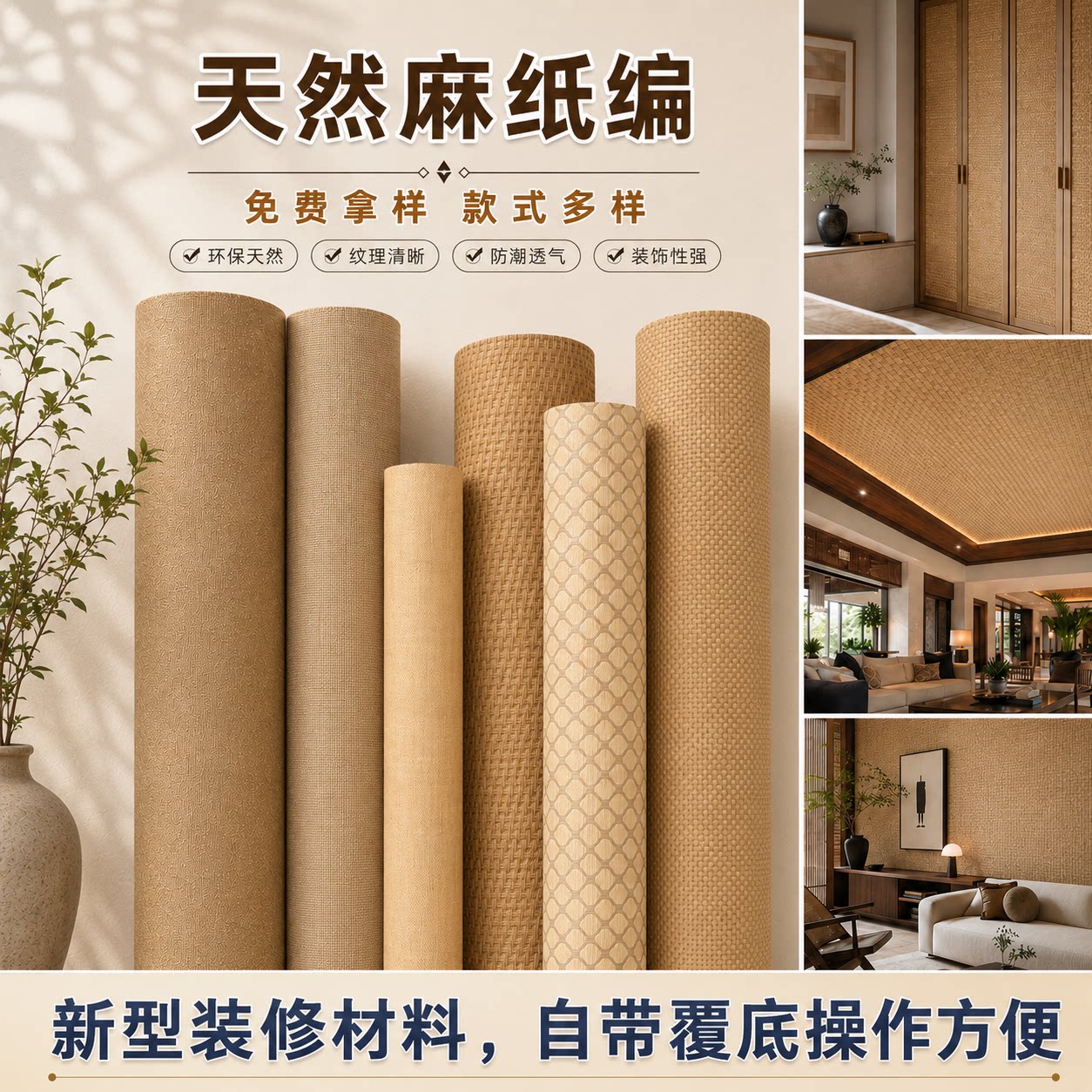 天然麻纸编无纺布墙纸可带背胶