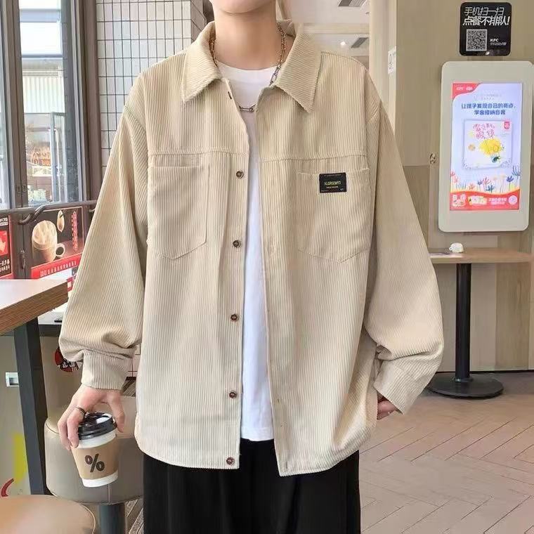 港风复古灯芯绒衬衫外套男春秋款宽松休闲百搭长袖衬衣