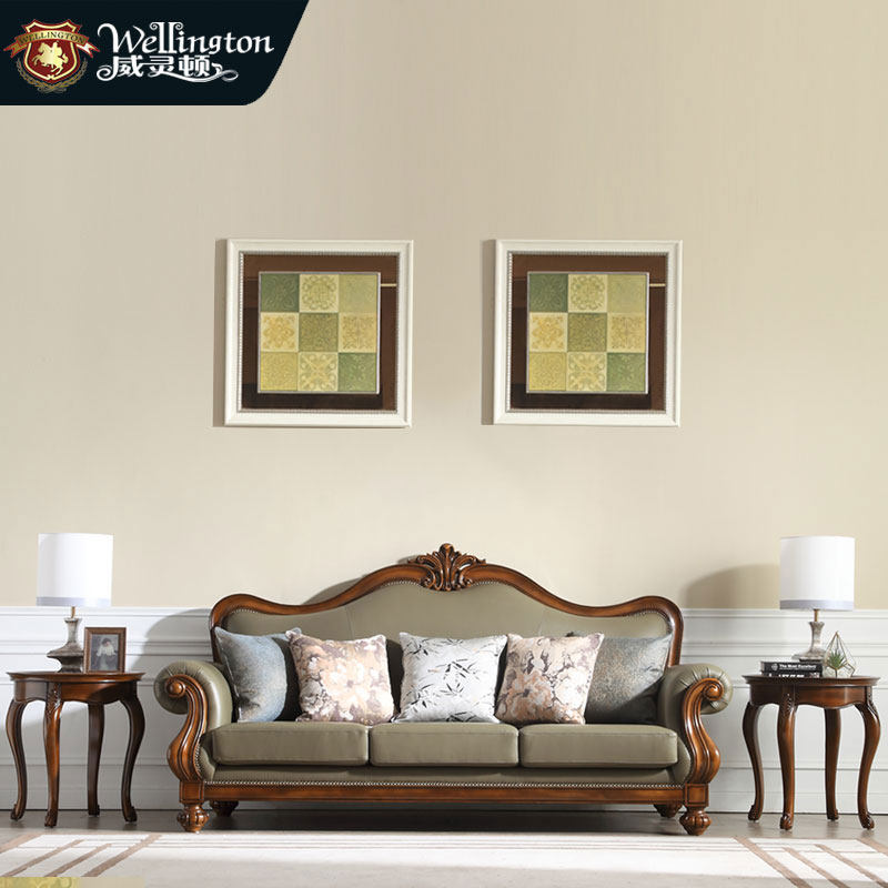 威灵顿 美式乡村实木沙发欧式雕花复古大户型客厅真皮沙发x603-36