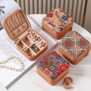 高档复古首饰盒便携旅行耳环戒指项链收纳盒印花珠宝礼品便携盒子