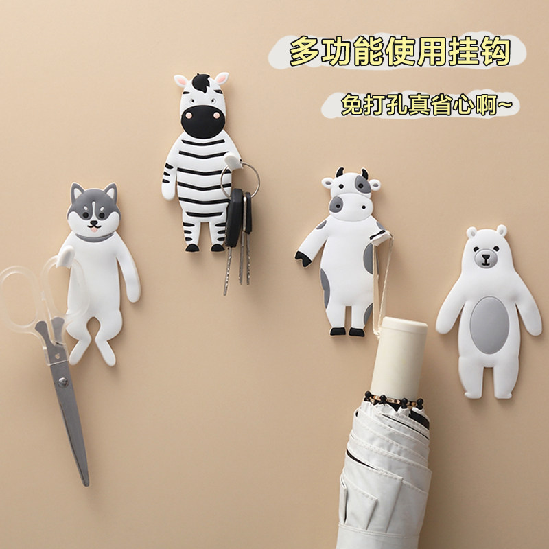 创意可爱免打孔小挂钩粘胶钥匙勾卡通动物卧室墙壁冰箱贴无痕粘钩