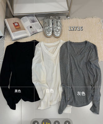 ONE12716春新款气质木耳边V领长袖T恤女修身皱褶收腰正肩上衣one