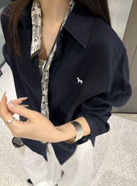 韩国zuowooon左维8637气质通勤麻衬衫女polo领长袖衬衣纯色内搭