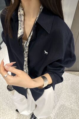 韩国zuowooon8637气质通勤麻衬衫女polo领长袖衬衣纯色内搭ZW